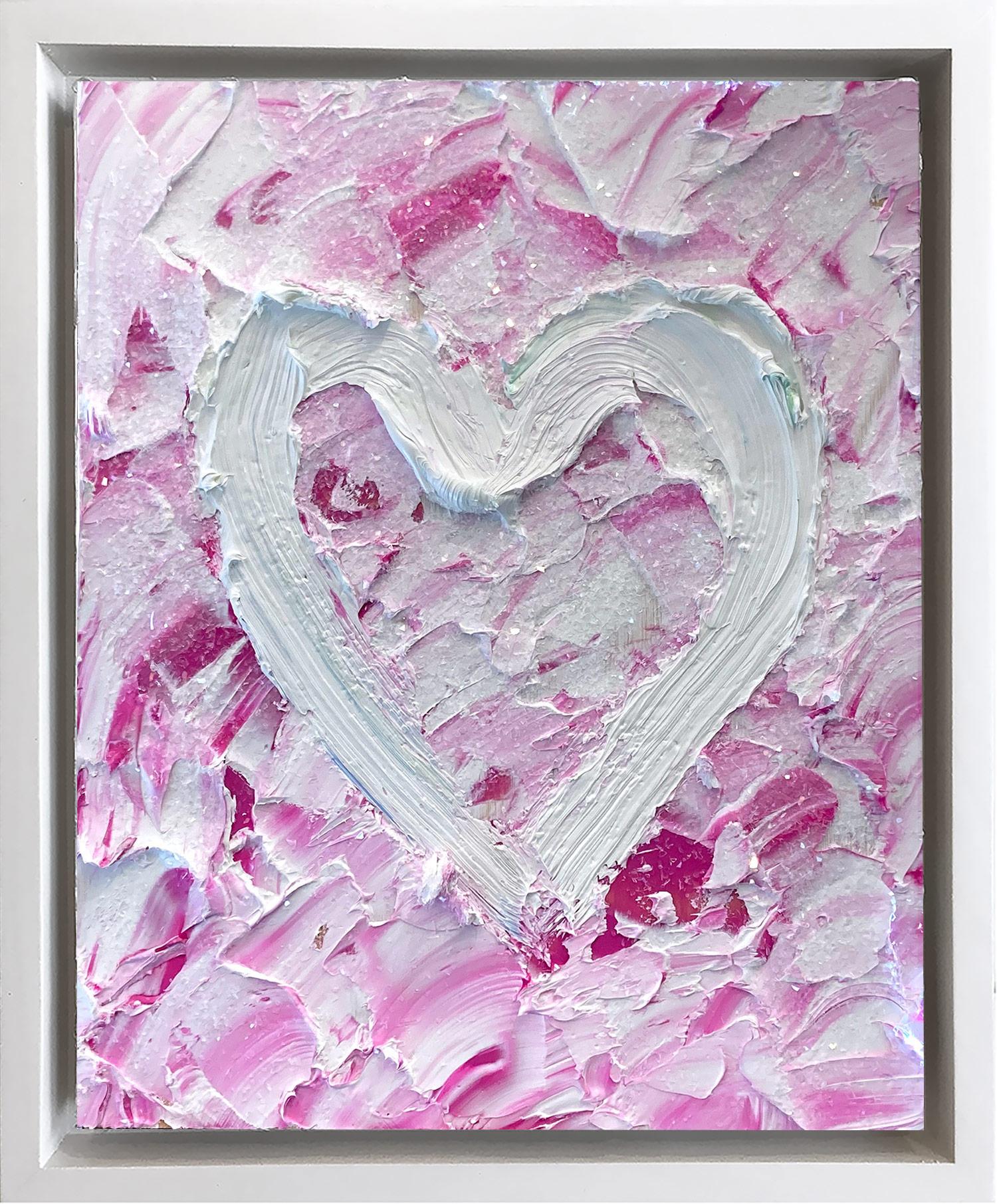 "Le mie luci sul cuore di Hollywood" Pittura a olio rosa su legno con cornice bianca fluttuante