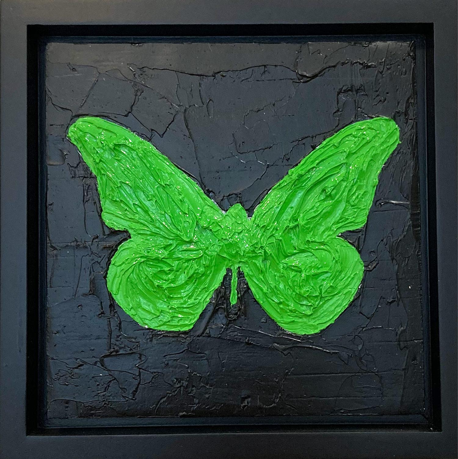 Cindy Shaoul Animal Painting - "My Lime Green Butterfly" Contemporary Pop Art Oil Painting Black Floater Frame
