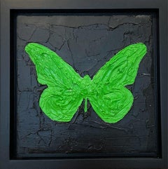 "My Lime Green Butterfly" Peinture à l'huile contemporaine Pop Art Cadre flottant noir