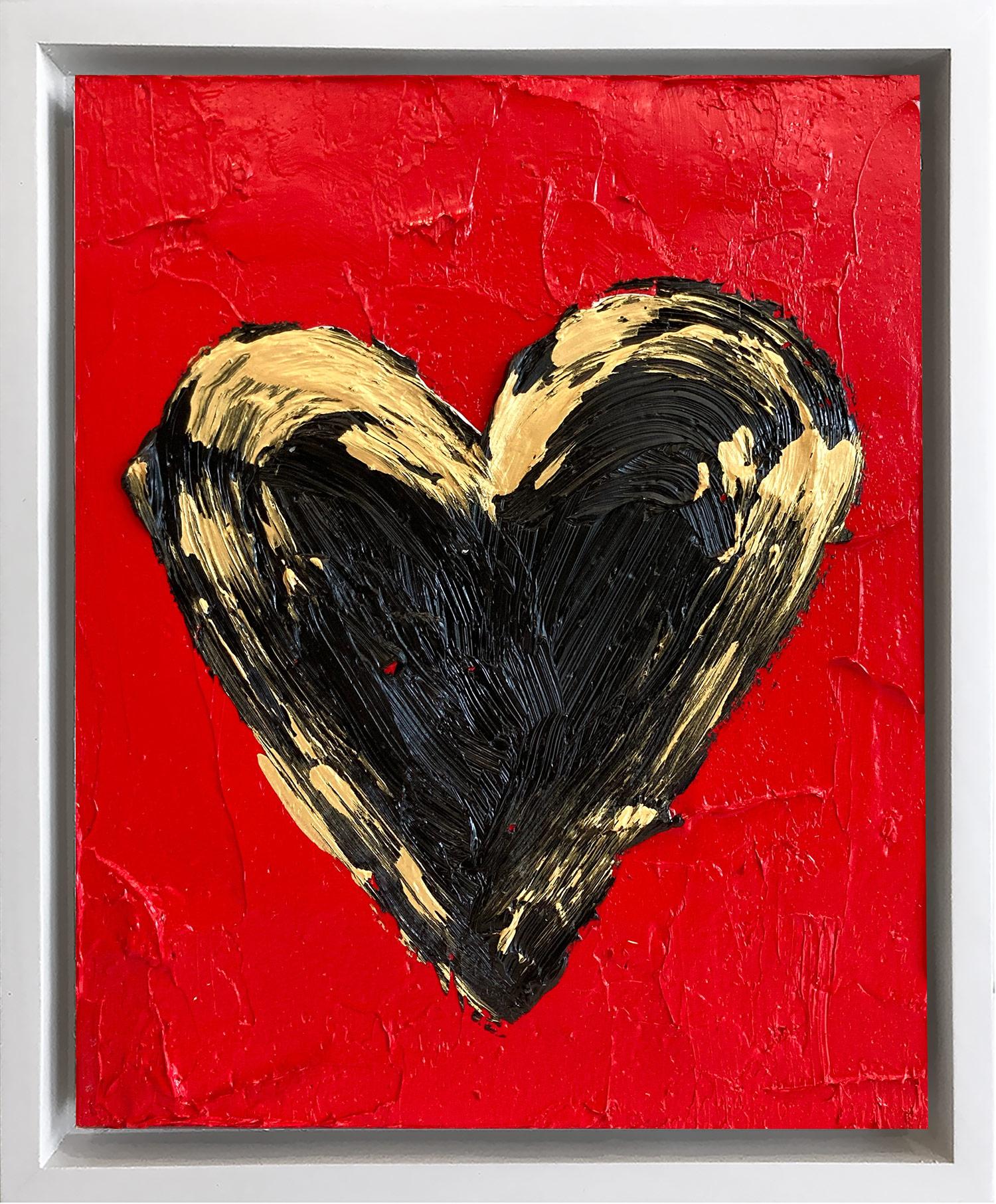 "Il mio cuore reale" Pittura a olio pop rossa e oro su Wood con cornice galleggiante bianca
