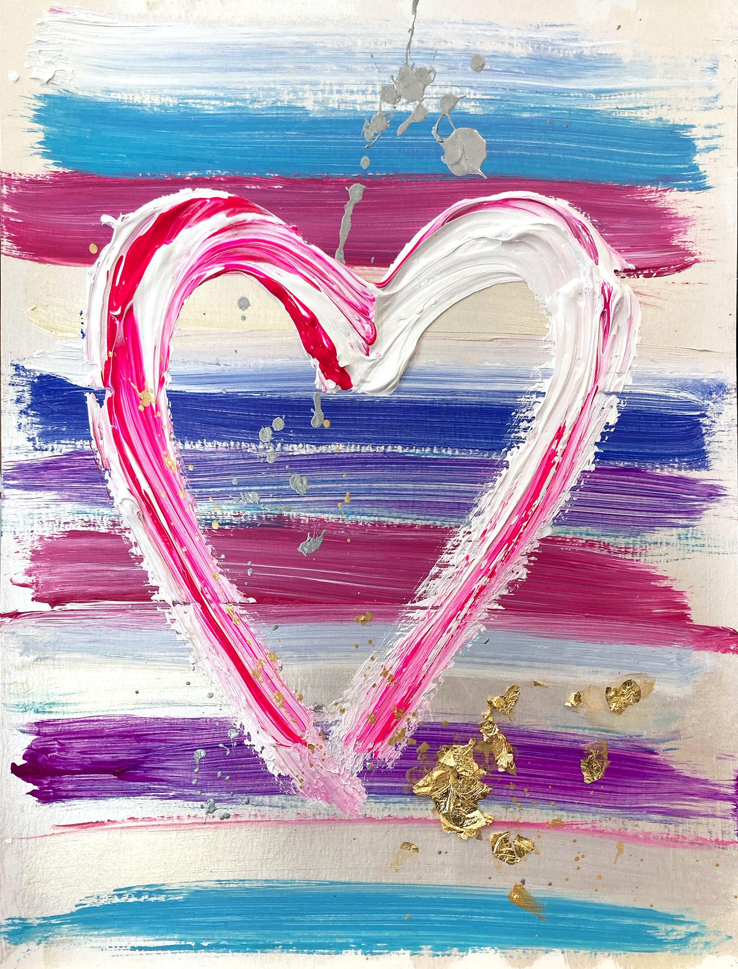 « My Lovable Heart », peinture abstraite colorée à l'acrylique et à la feuille d'or sur papier 