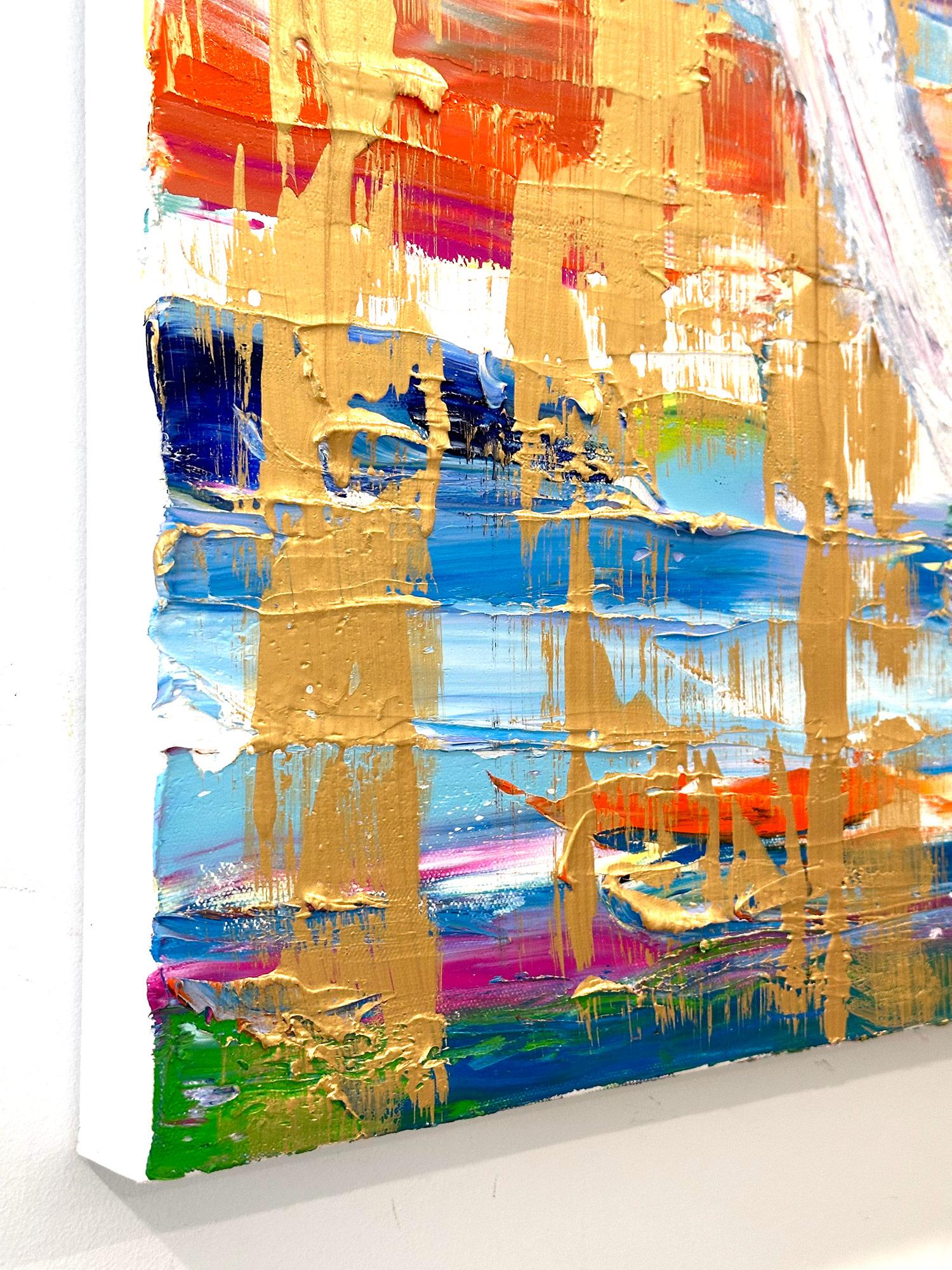 Toile contemporaine à la peinture à l'huile multicolore et dorée 