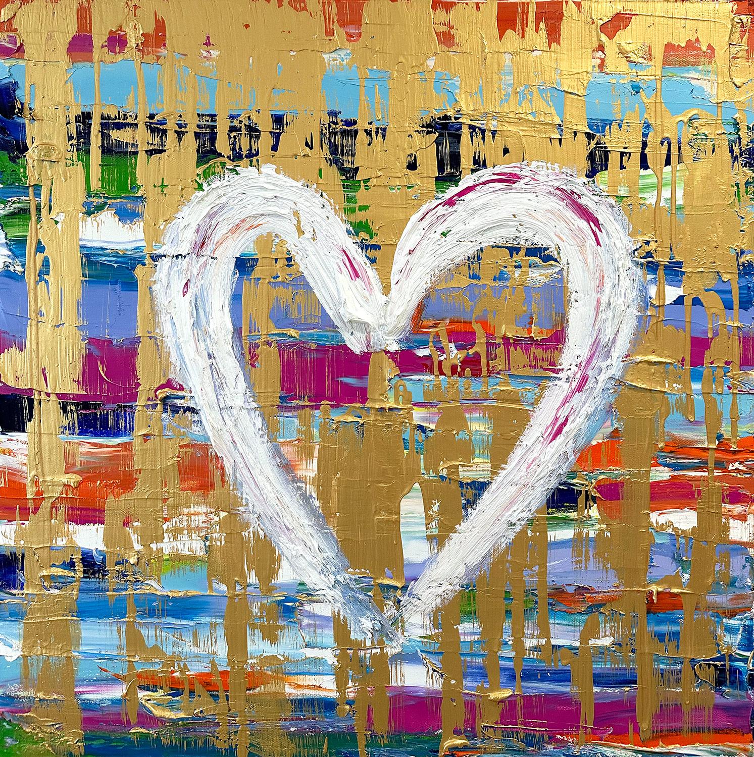 Abstract Painting Cindy Shaoul - Toile contemporaine à la peinture à l'huile multicolore et dorée "My Love at First Sight Heart" (Mon cœur au premier regard)