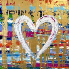Toile contemporaine à la peinture à l'huile multicolore et dorée "My Love at First Sight Heart" (Mon cœur au premier regard)
