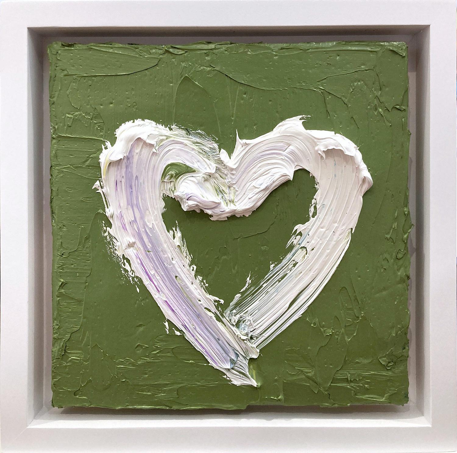 Abstract Painting de Cindy Shaoul - "Mi amuleto de la suerte corazón" Pintura al óleo pop art verde oliva sobre marco flotante blanco