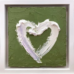 "My Lucky Charm Heart" Pop Art Olive Green Oil Painting on White Floater Frame