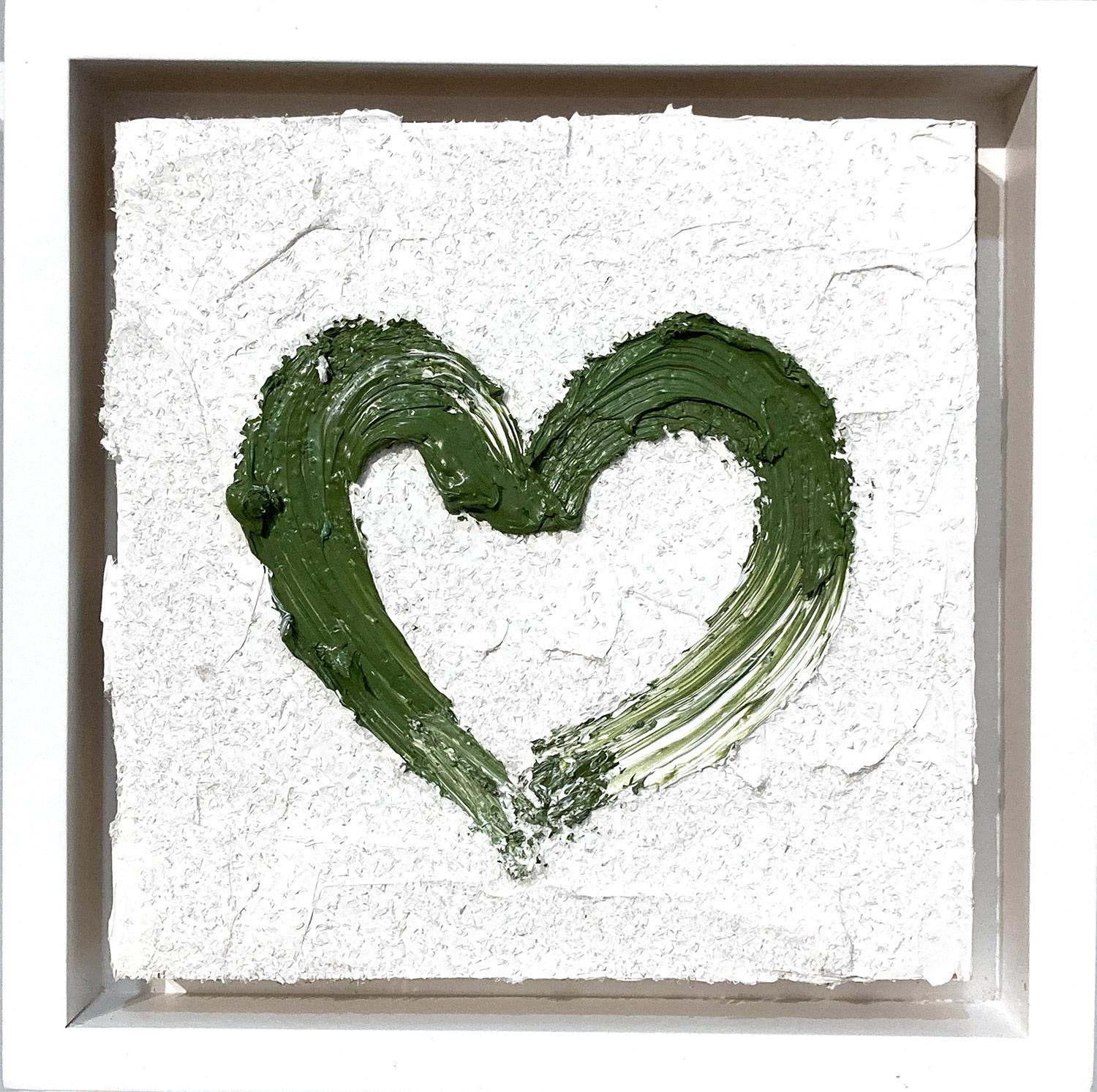 Cindy Shaoul Abstract Painting - "My Lucky Heart" Diamond Dust Green and White Oil Painting with Floater Frame