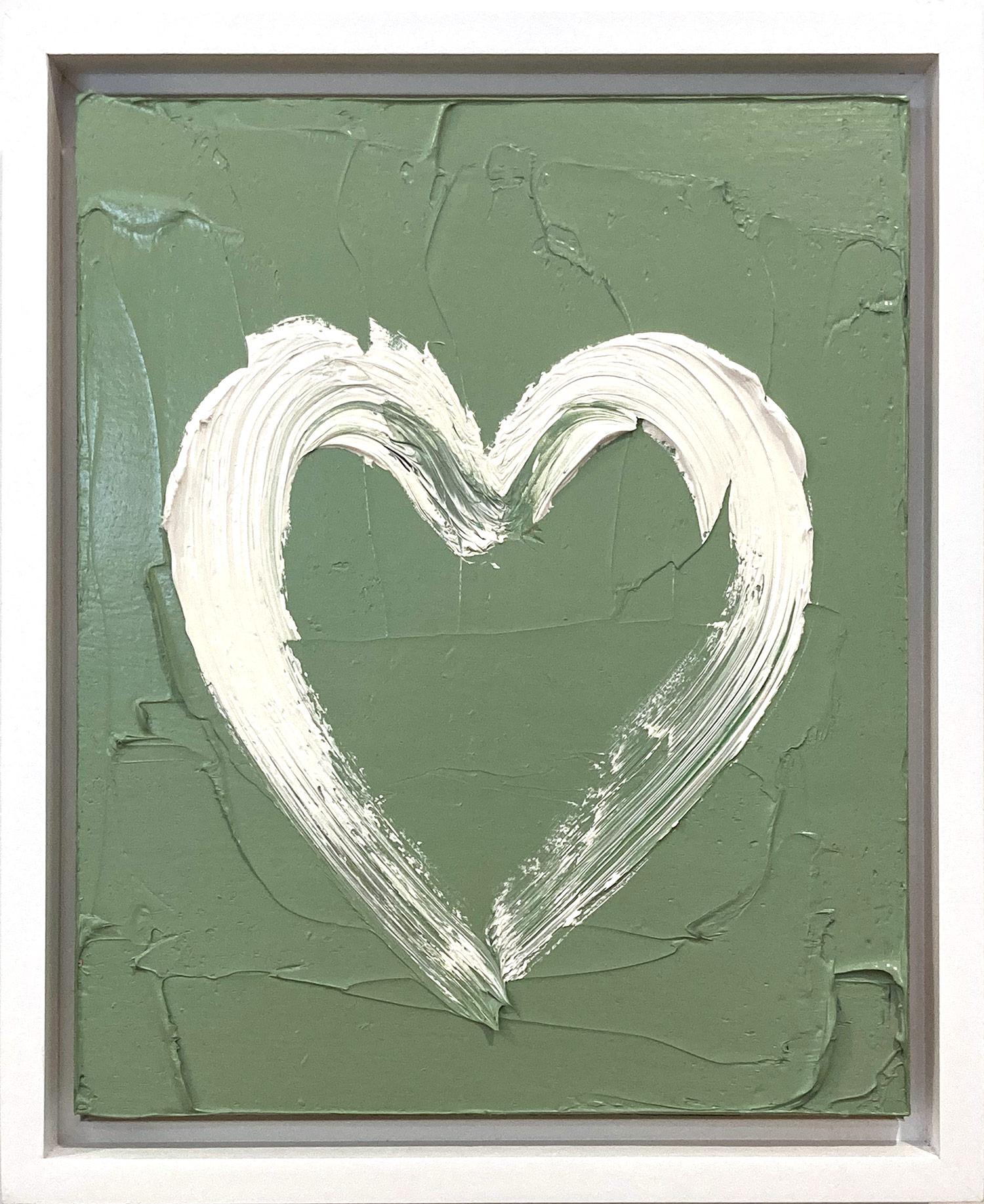 Abstract Painting de Cindy Shaoul - "Mi Corazón Afortunado" Pintura al Óleo Pop Blanca y Verde sobre Madera con Marco Flotante Blanco