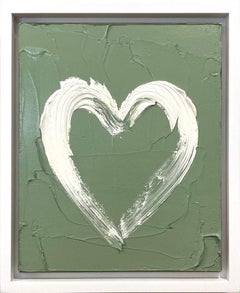 "My Lucky Heart" White & Green Pop Oil Painting on Wood with White Floater Frame