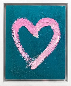 "My Magical Heart" Teal Green and Pink Pop Oil Painting Wood White Floater Frame