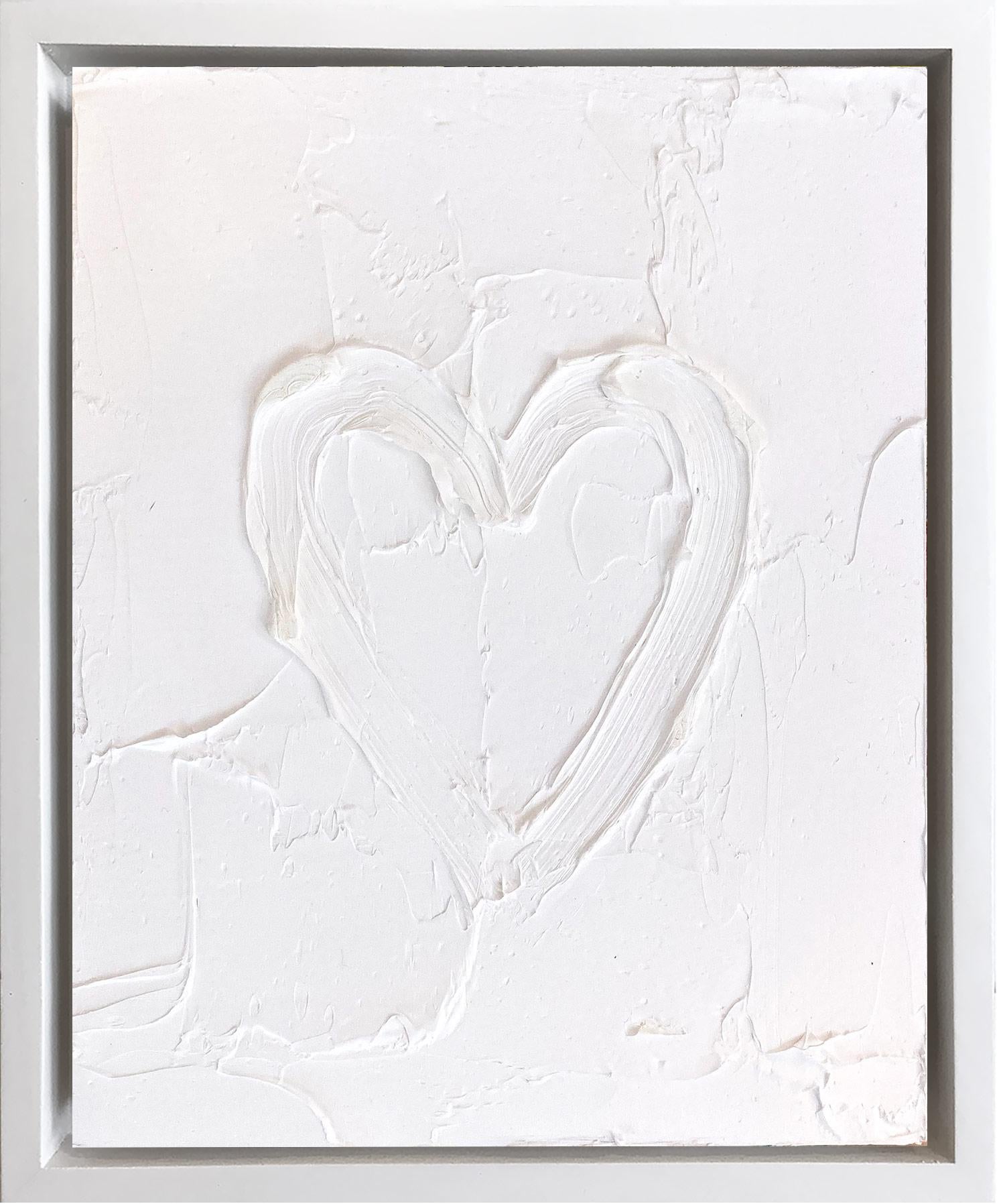 Cindy Shaoul Abstract Painting - "My Marshmallow Heart" White Contemporary Pop Oil Painting w Floater Frame