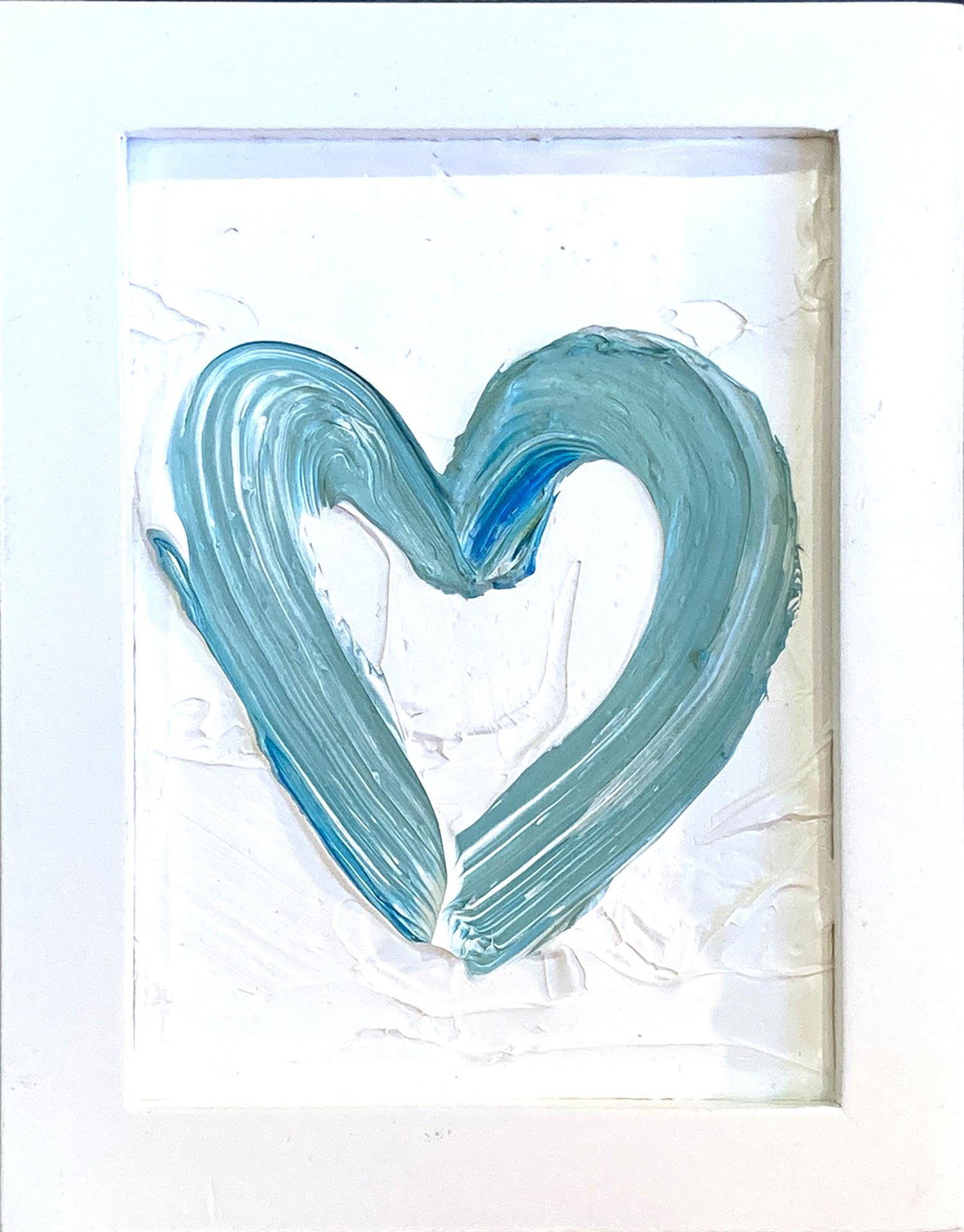 Cindy Shaoul Abstract Painting - "My Mini Sea Foam Heart" White & Light Green Oil Painting on Wood with Frame