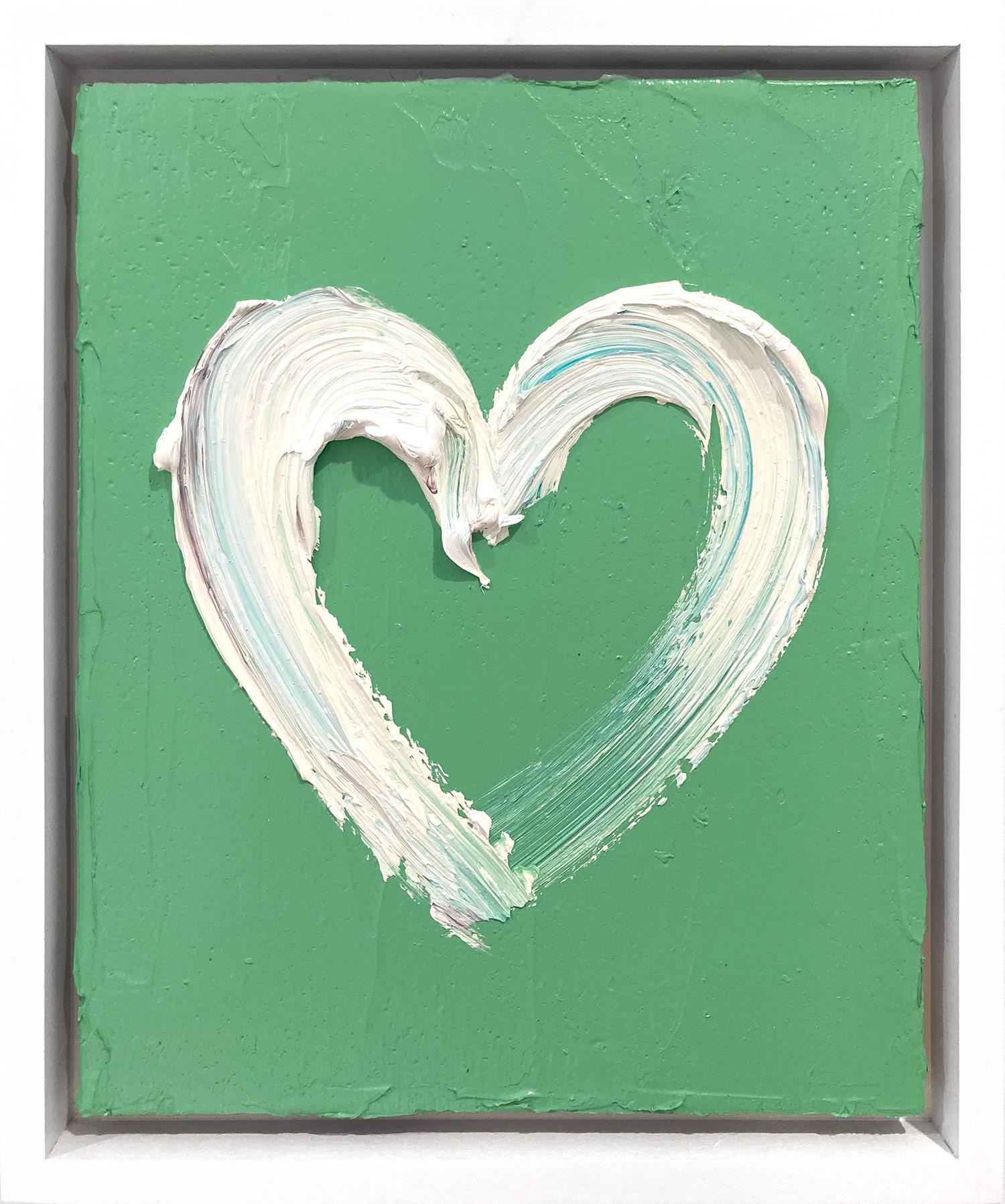 Figurative Painting de Cindy Shaoul - "Mi corazón de menta" Pintura al óleo verde helecho claro Madera con marco flotante blanco