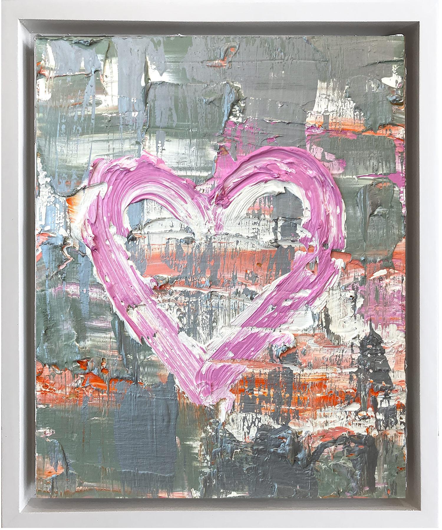 Cindy Shaoul Figurative Painting - "My Mod Heart" Pink, Orange, Silver Contemporary Oil Painting w Floater Frame 