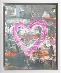 „My Mod Heart“ Zeitgenössisches Ölgemälde mit Floater-Rahmen in Rosa, Orange und Silber 