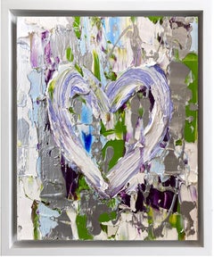 « My Moncler Heart », peinture à l'huile pop art colorée et argentée, cadre flottant blanc