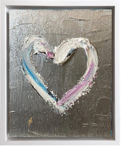 „My Moon River Heart“ Silbernes Pop-Art-Ölgemälde mit weißem Floater-Rahmen