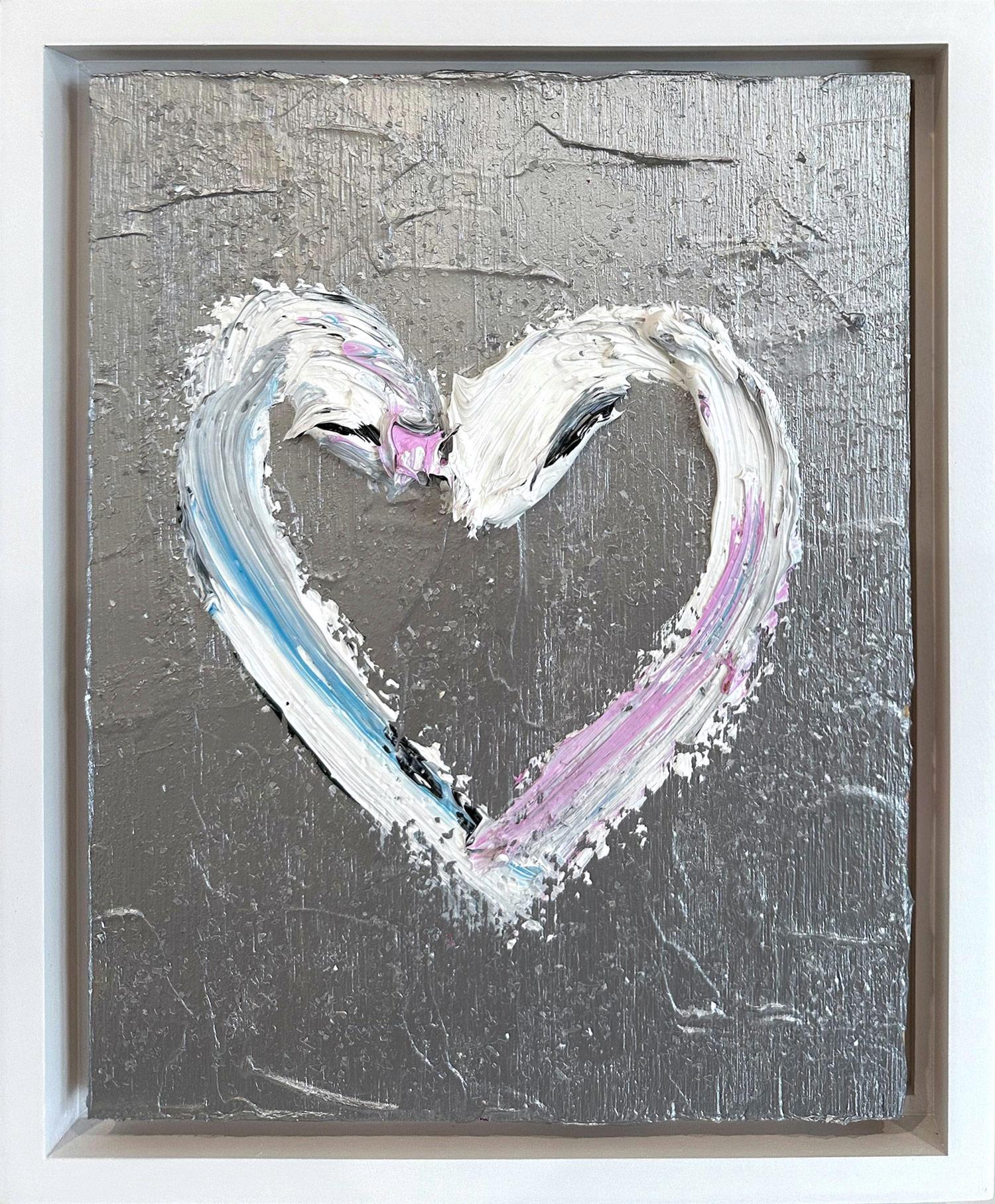 Cindy Shaoul Abstract Painting - "My Moon River Heart" Silver Pop Art Oil Painting with White Floater Frame