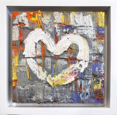 "My Moon Rock Heart" Silver Colorful Abstract Oil Painting with Floater Frame