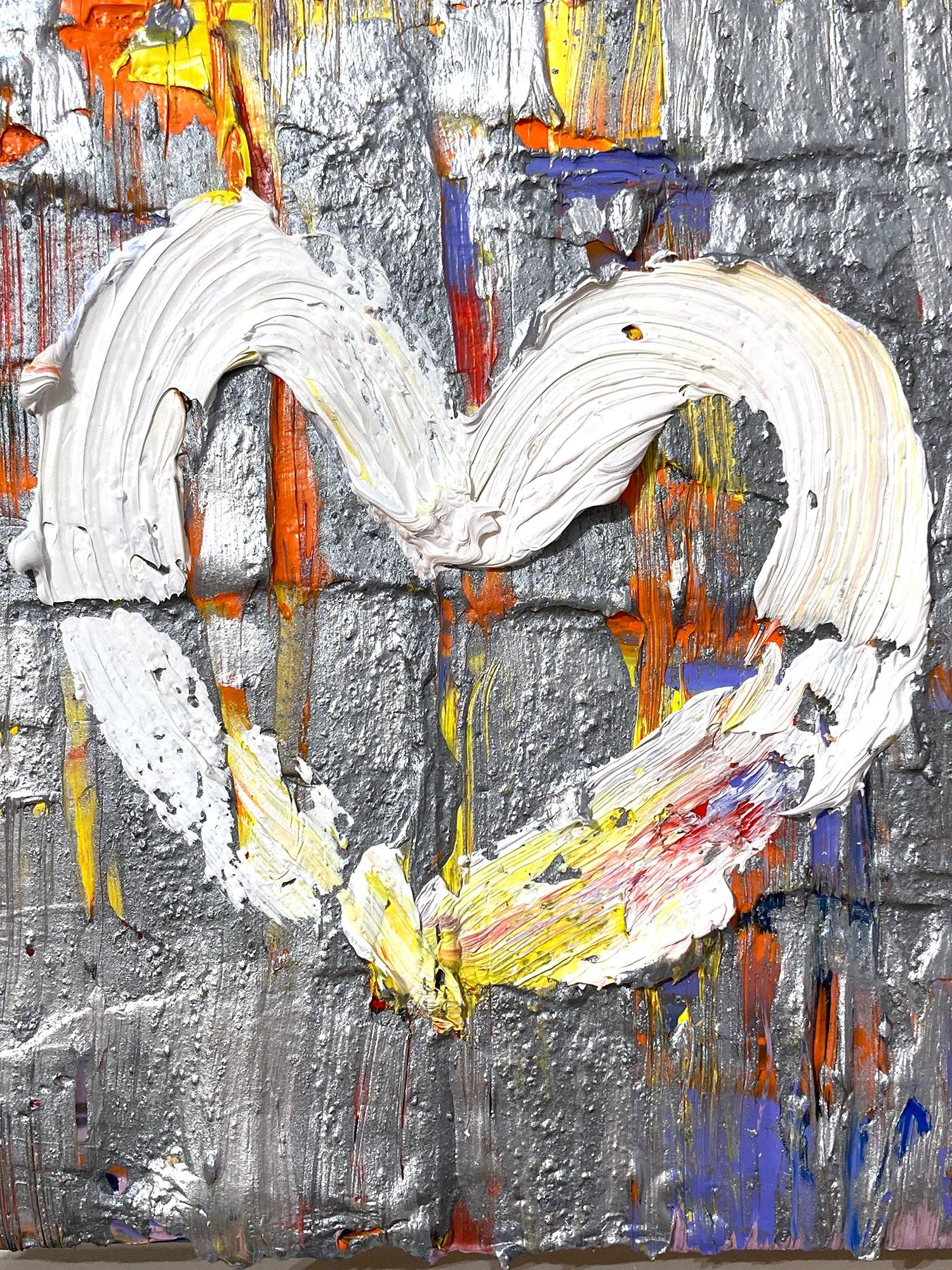 Silbernes farbenfrohes abstraktes Ölgemälde mit Floater Frame „Mein Mondsteinherz“ – Painting von Cindy Shaoul