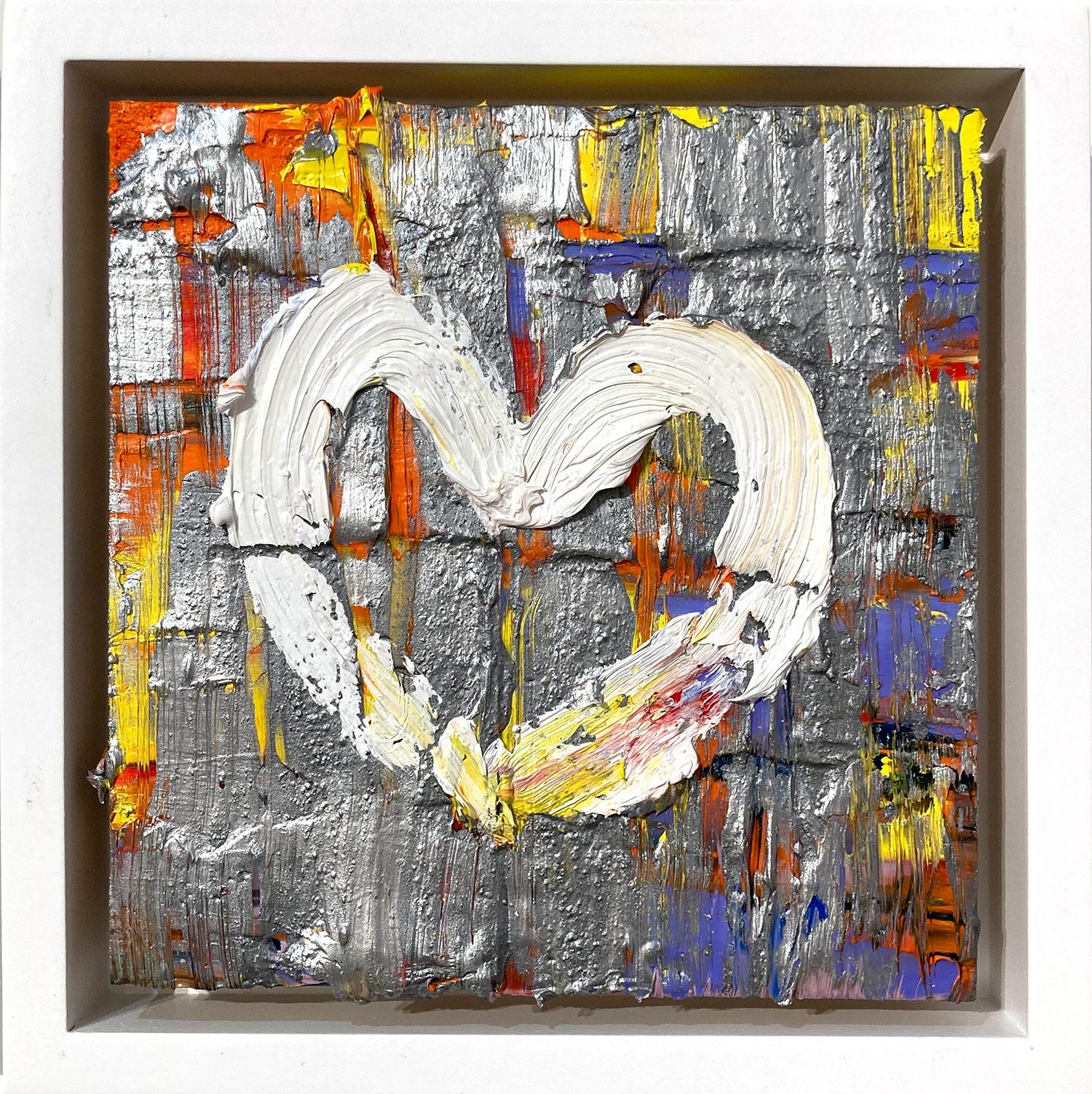 Cindy Shaoul Abstract Painting - "My Moon Rock Heart" Silver Colorful Abstract Oil Painting with Floater Frame