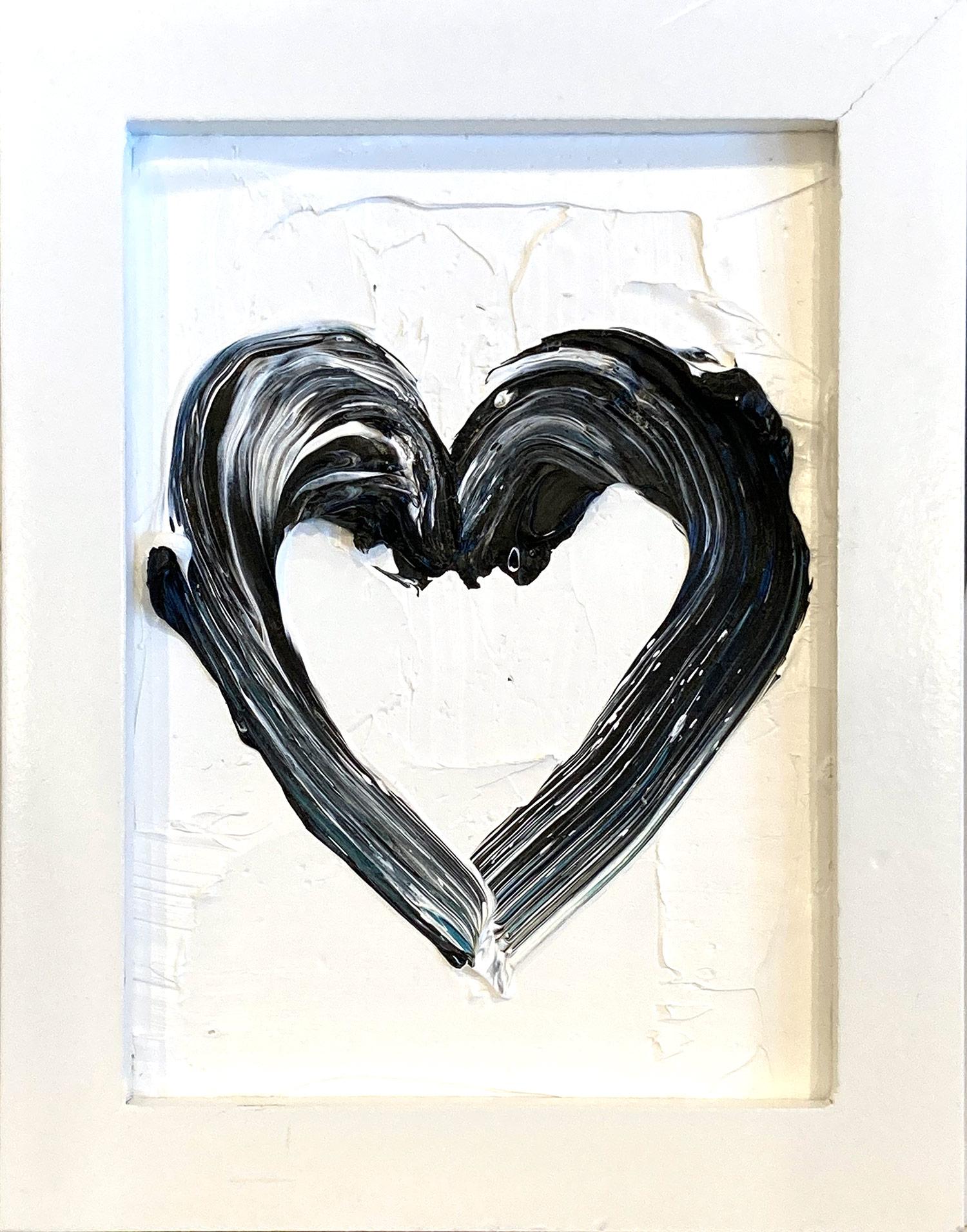 "My Noir Mini Heart" Black & White Contemporary Oil Painting with Frame