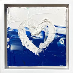 "My Ocean Heart" White and Blue Contemporary Oil Painting with Floater Frame