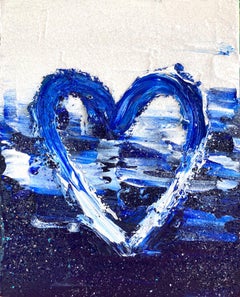 "My on the Waves Heart " Blue Contemporary Pop Art Oil Painting w Floater Frame