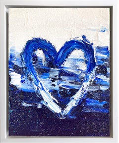 "My on the Waves Heart " Blue Contemporary Pop Art Oil Painting w Floater Frame