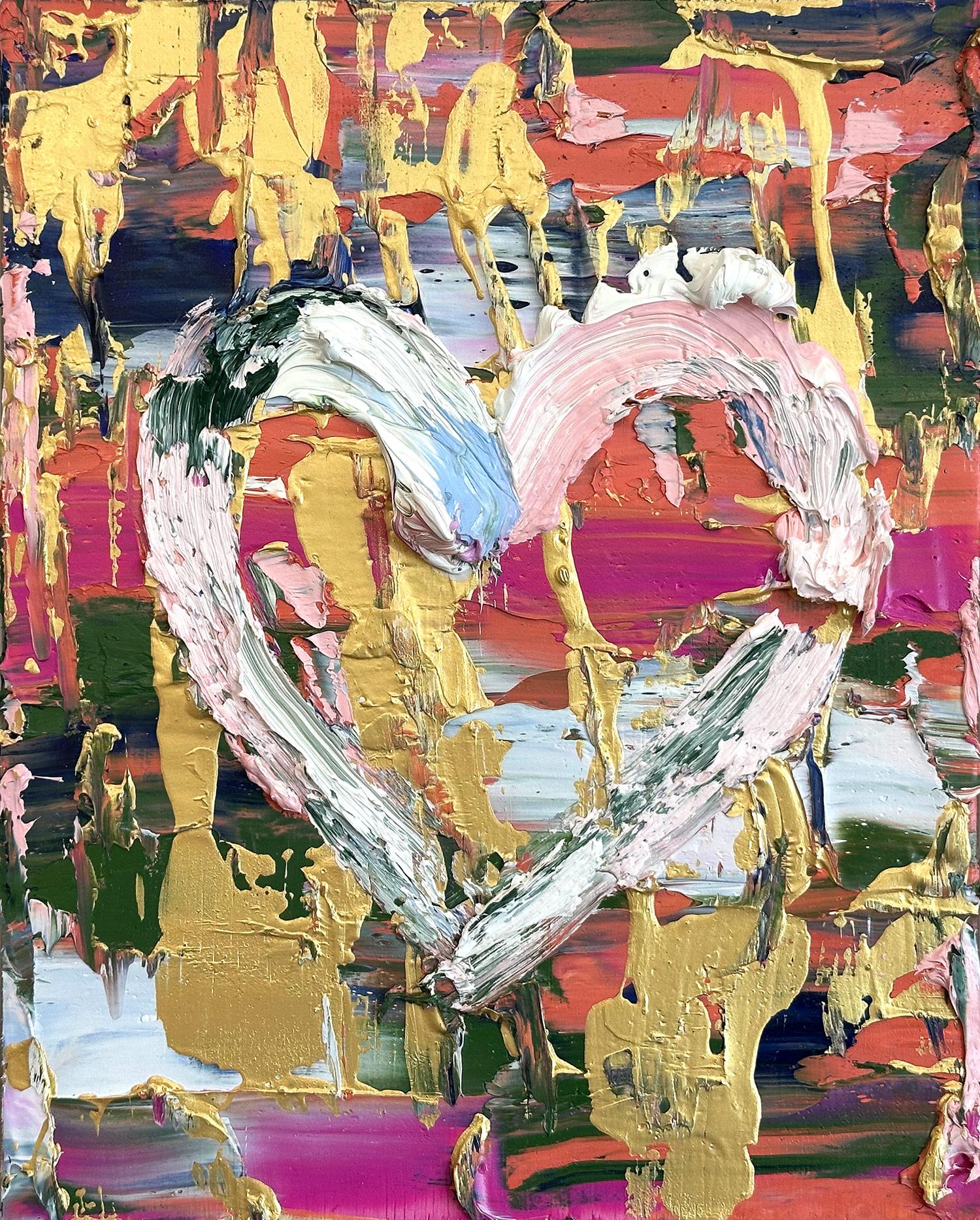 Peinture à l'huile Pop Art multicolore « My Oscar de la Renta Heart » avec cadre flottant blanc - Painting de Cindy Shaoul