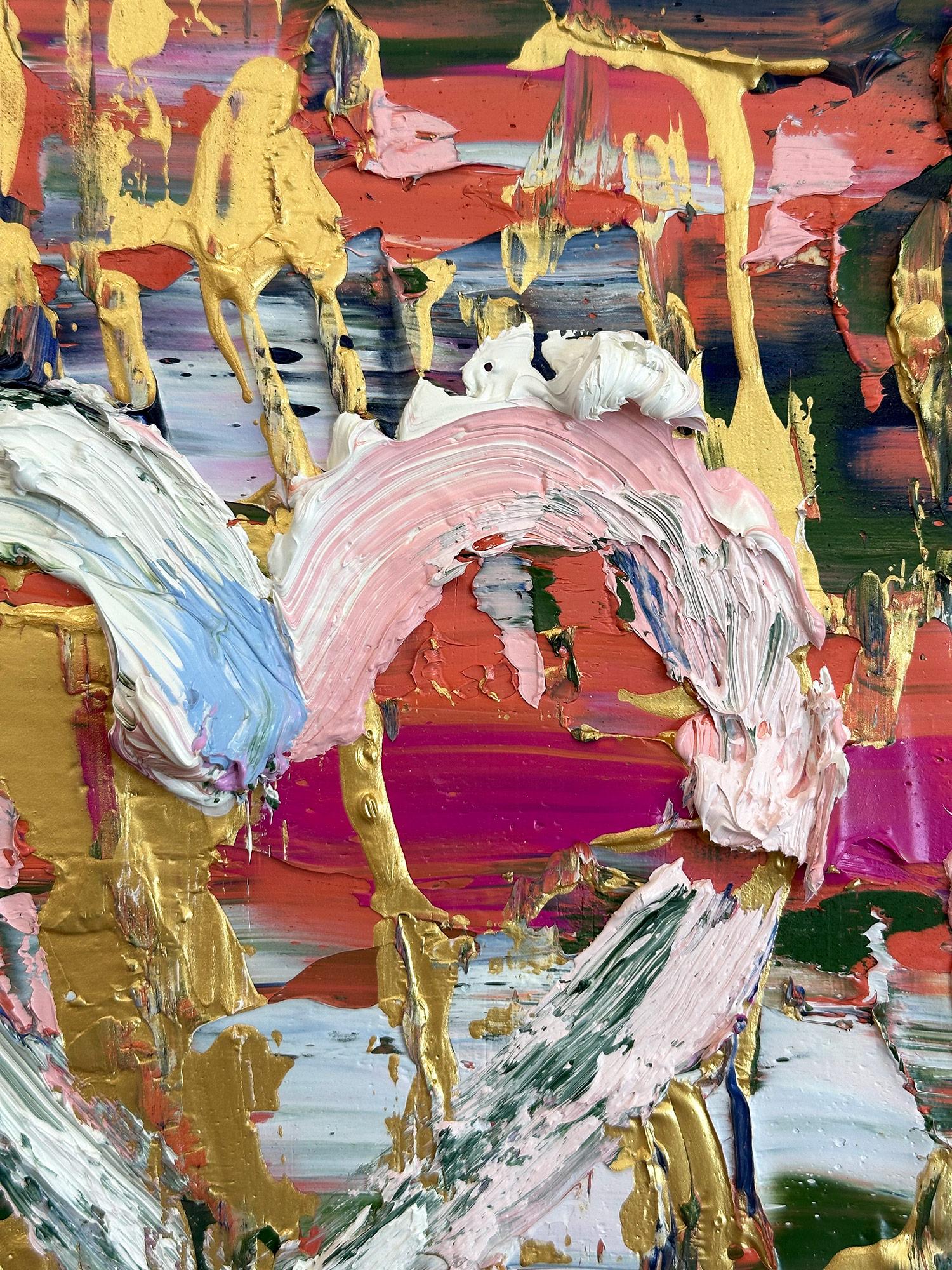 Peinture à l'huile Pop Art multicolore « My Oscar de la Renta Heart » avec cadre flottant blanc - Marron Abstract Painting par Cindy Shaoul