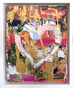 Peinture à l'huile Pop Art multicolore « My Oscar de la Renta Heart » avec cadre flottant blanc