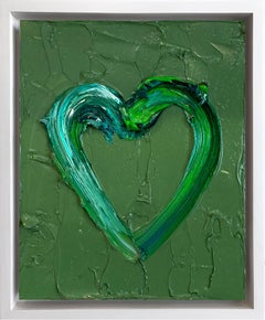 "Il mio cuore verde di Parigi" Pittura a olio verde pop su legno con cornice bianca fluttuante