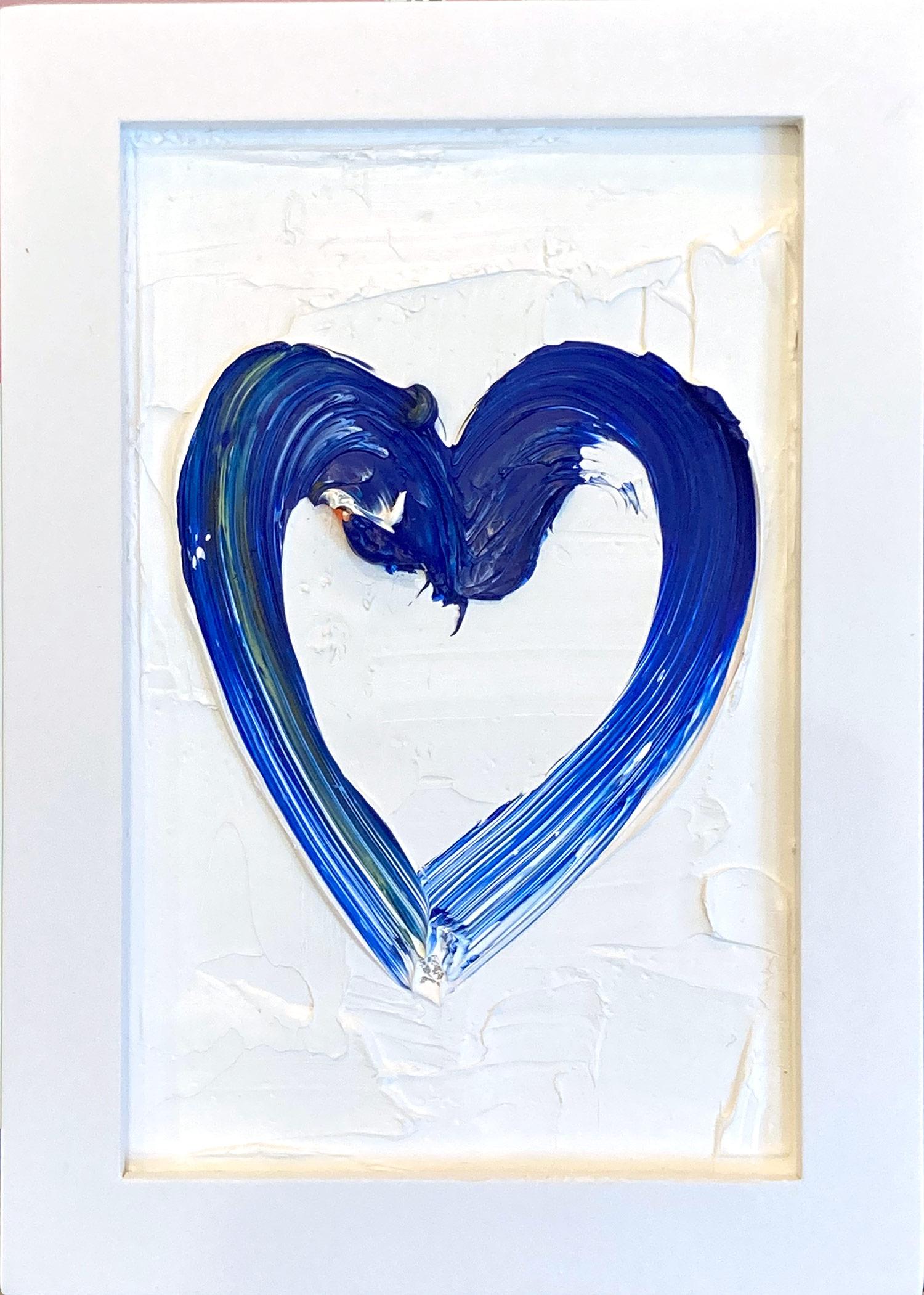 Cindy Shaoul Abstract Painting - "My Petit Blue Heart" Blue & White Pop Art Contemporary Oil Painting with Frame