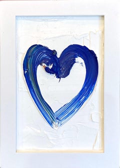 "My Petit Blue Heart" Pittura a olio contemporanea Pop Art in bianco e blu con cornice
