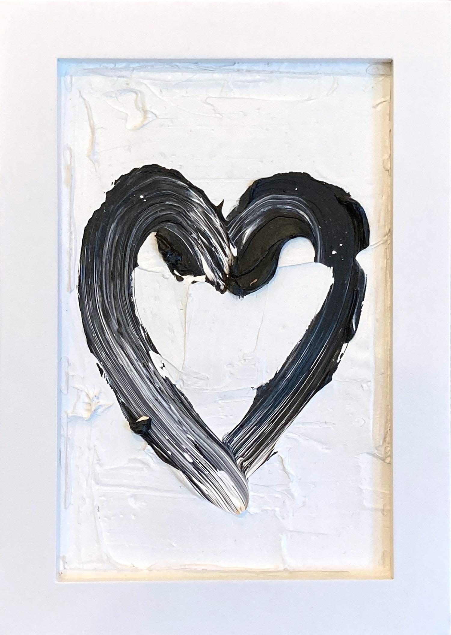 Abstract Painting di Cindy Shaoul - "Il mio cuore petit noir" Pittura a olio contemporanea pop art in bianco e nero con cornice