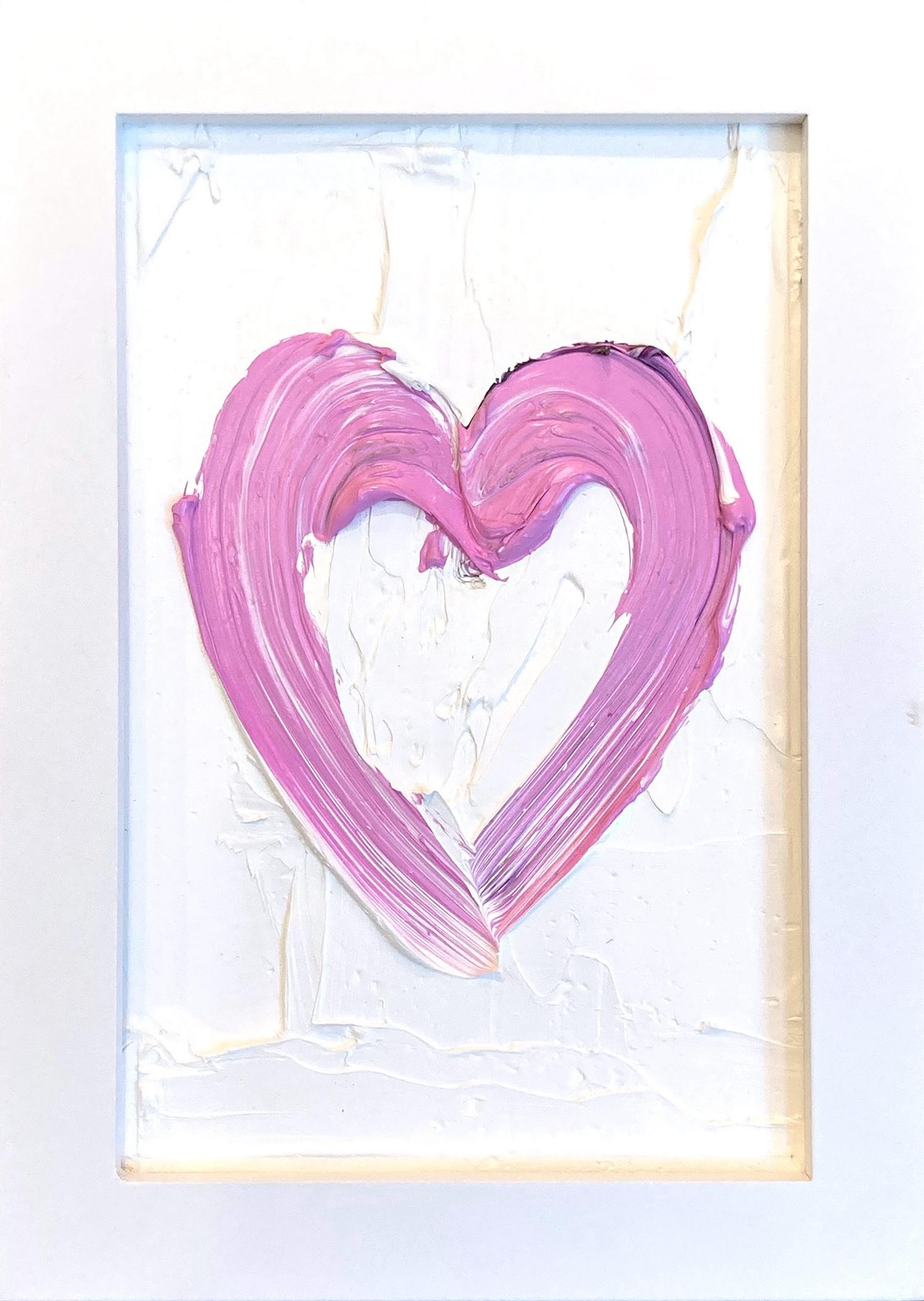 Abstract Painting di Cindy Shaoul - "My Petit Pink Heart" Pittura a olio contemporanea pop art bianca e rosa con cornice
