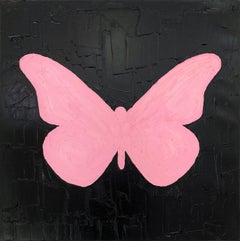 "My Pink Butterfly" Pink and Black Contemporary Oil Painting on Canvas