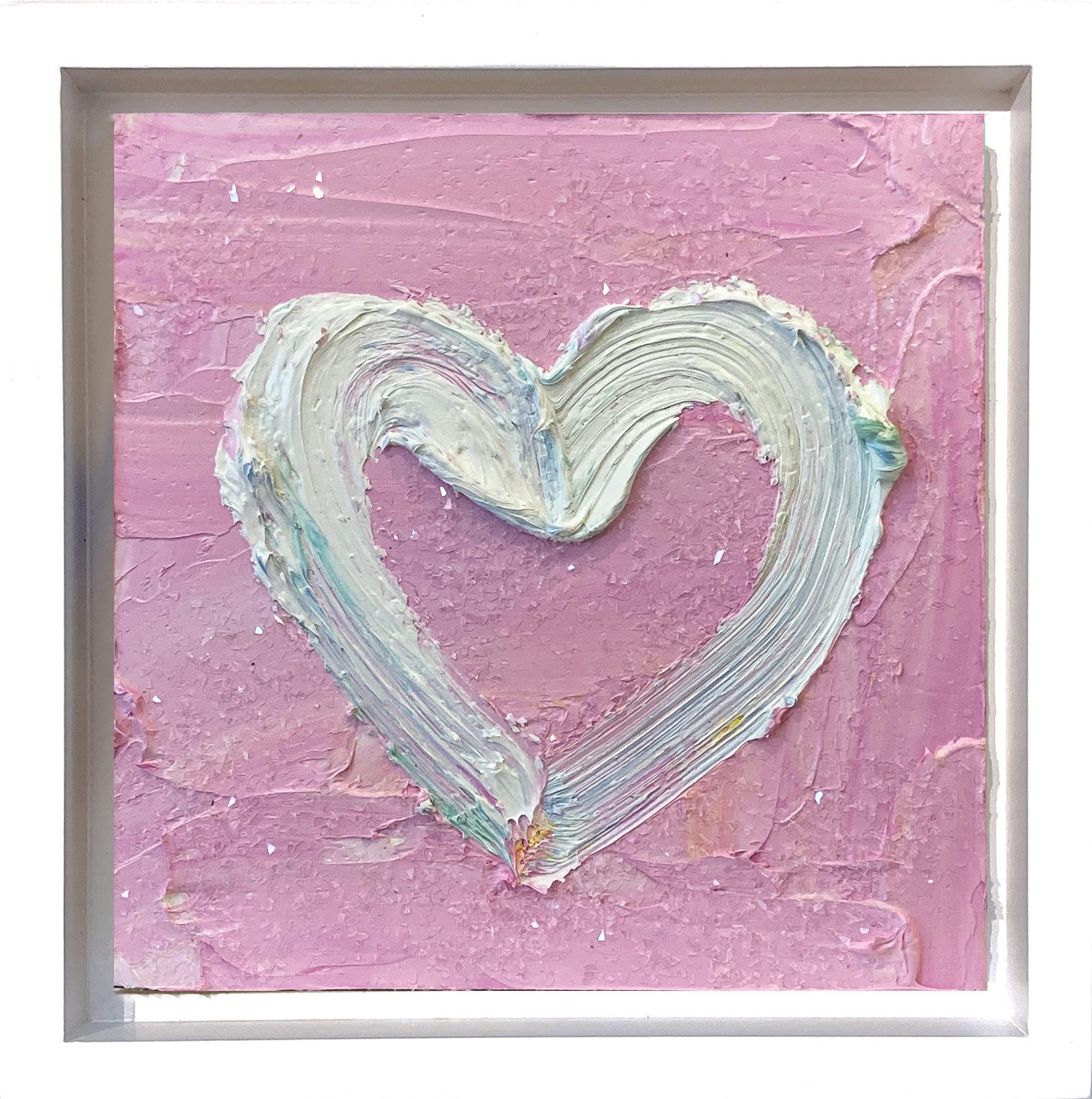 "Mon cœur de diamant rose" Peinture à l
huile pop art à la poussière de diamant dans un cadre flottant blanc