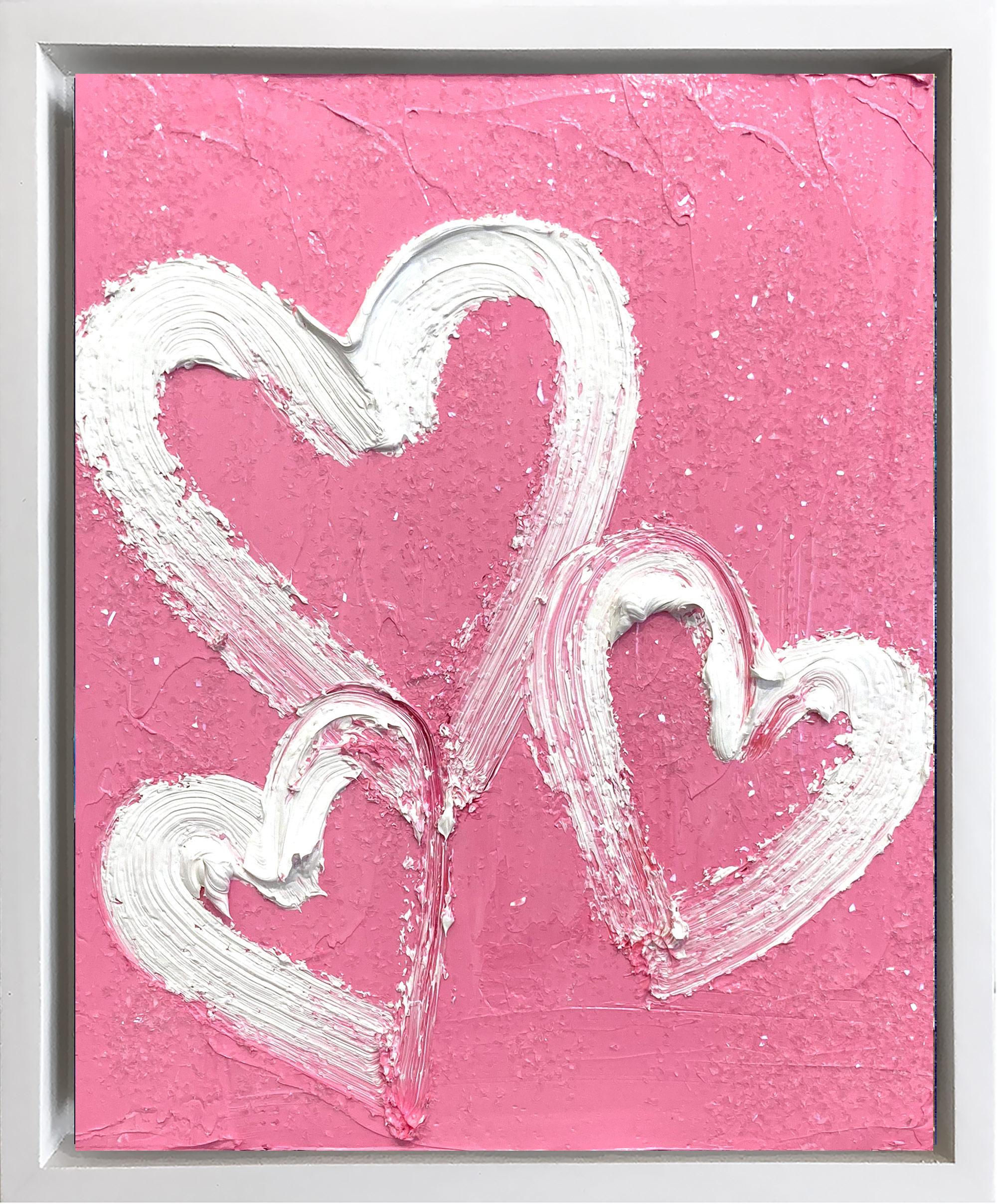 Cindy Shaoul Abstract Painting - "My Pink Diamond Hearts" Oil Painting on Board with White Floater Frame