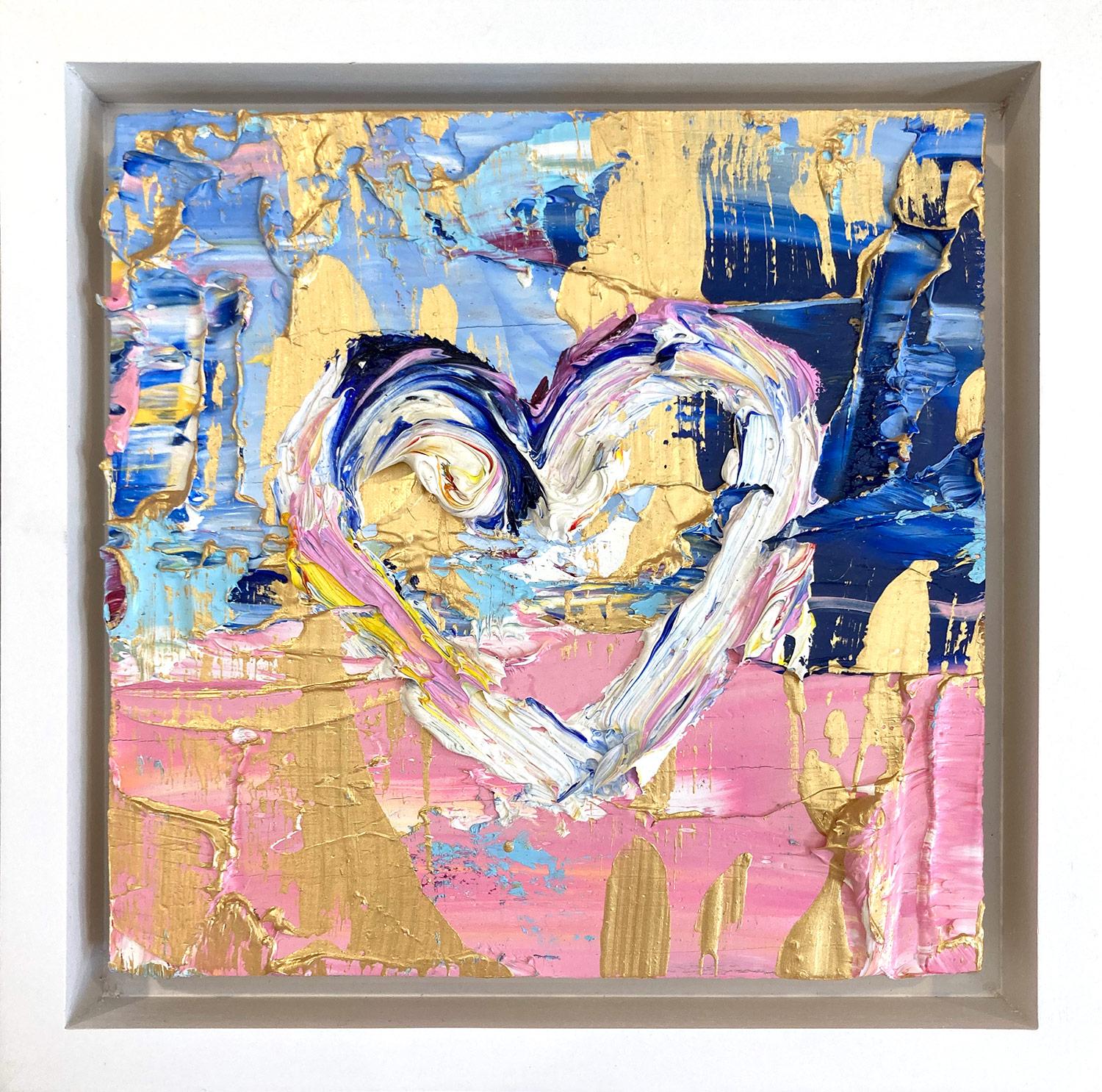 Cindy Shaoul Figurative Painting - "My Princess Heart" Pink + Blue Abstract Oil Painting with White Floater Frame