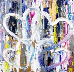 "My Quad Diamond Hearts" Contemporary Oil Painting on Canvas & Diamond Dust