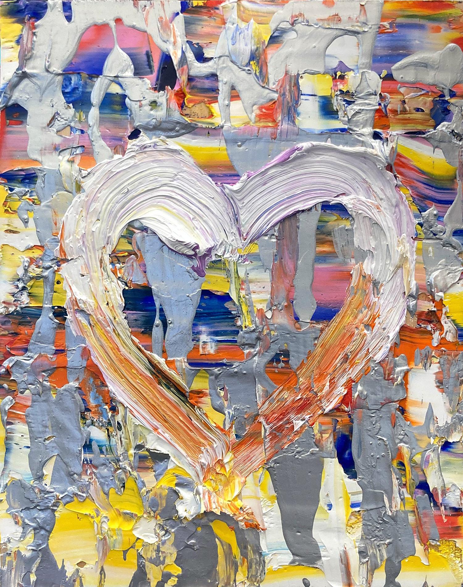 „My Rainbow Drop Heart“ Buntes Ölgemälde mit silbernem Ölgemälde und weißem Floater-Rahmen – Painting von Cindy Shaoul