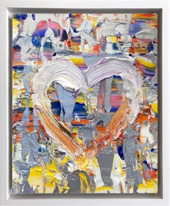 "My Rainbow Drop Heart" Colorful with Silver Oil Painting & White Floater Frame