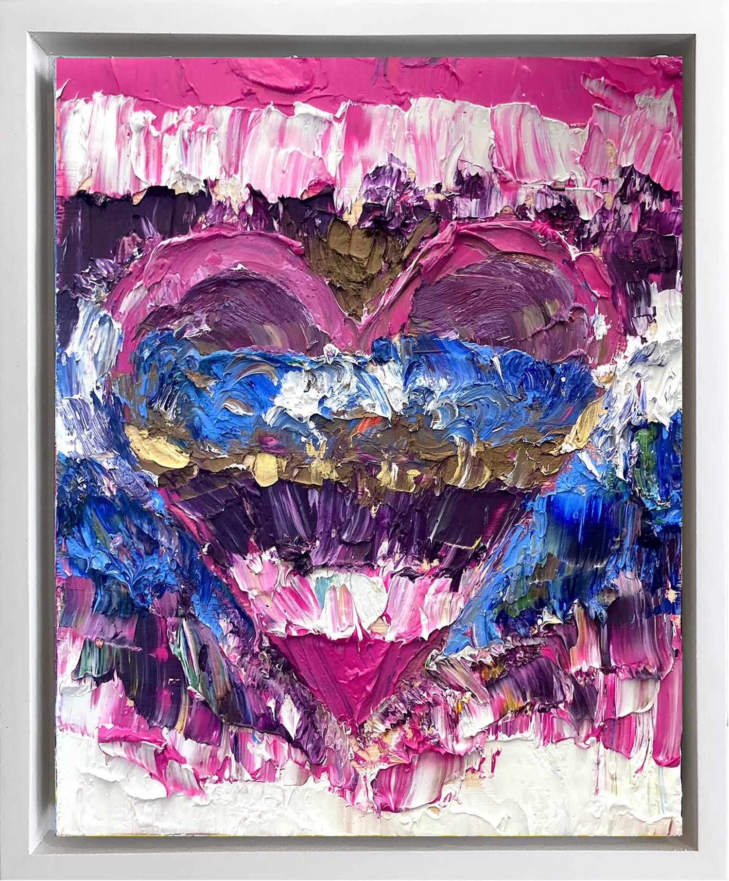 Cindy Shaoul Abstract Painting - "My Raspberry Crush Heart" Pop Oil Painting on Wood with White Floater Frame