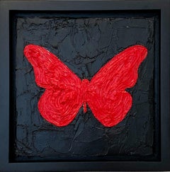 "My Red Butterfly" Peinture à l'huile contemporaine Pop Art avec cadre flottant noir