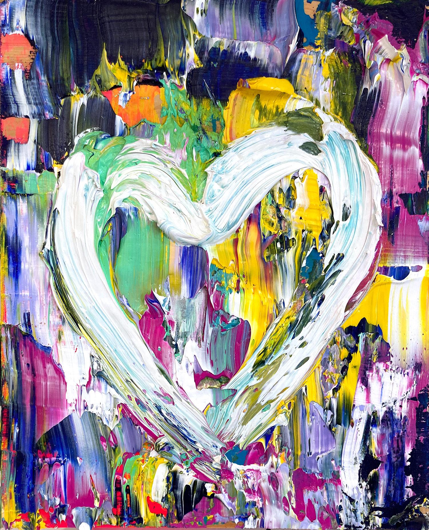 „My Rock Star Heart“ Buntes Pop-Ölgemälde auf Holz mit weißem Floater-Rahmen, farbenfrohes Ölgemälde – Painting von Cindy Shaoul