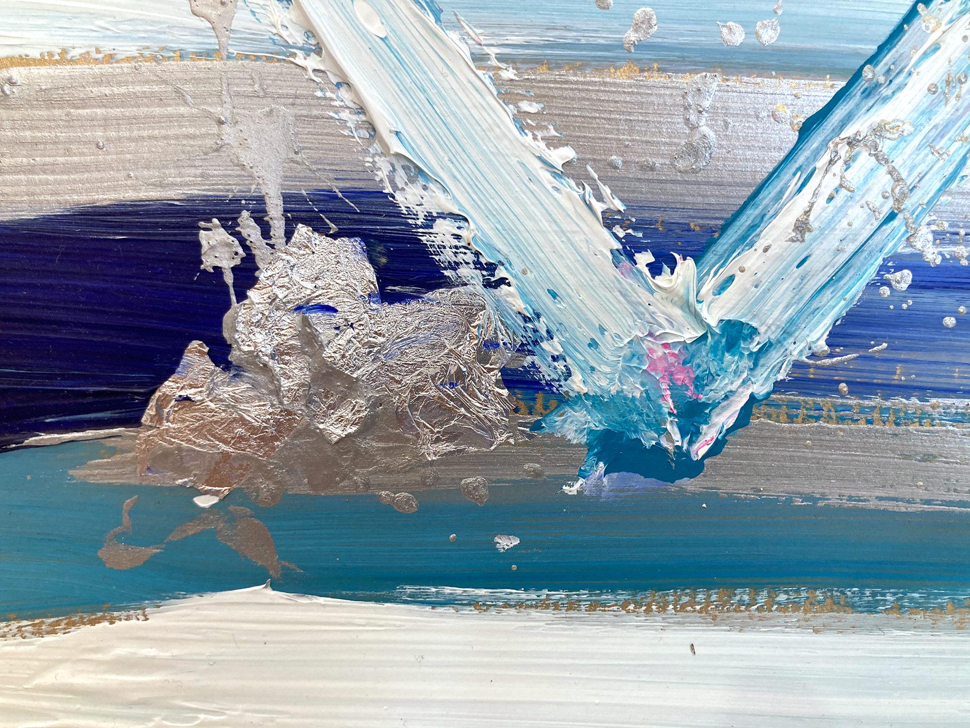 „Mein romantisches Herz“ Buntes abstraktes Gemälde aus Acryl und Blattsilber auf Papier (Silber), Abstract Painting, von Cindy Shaoul