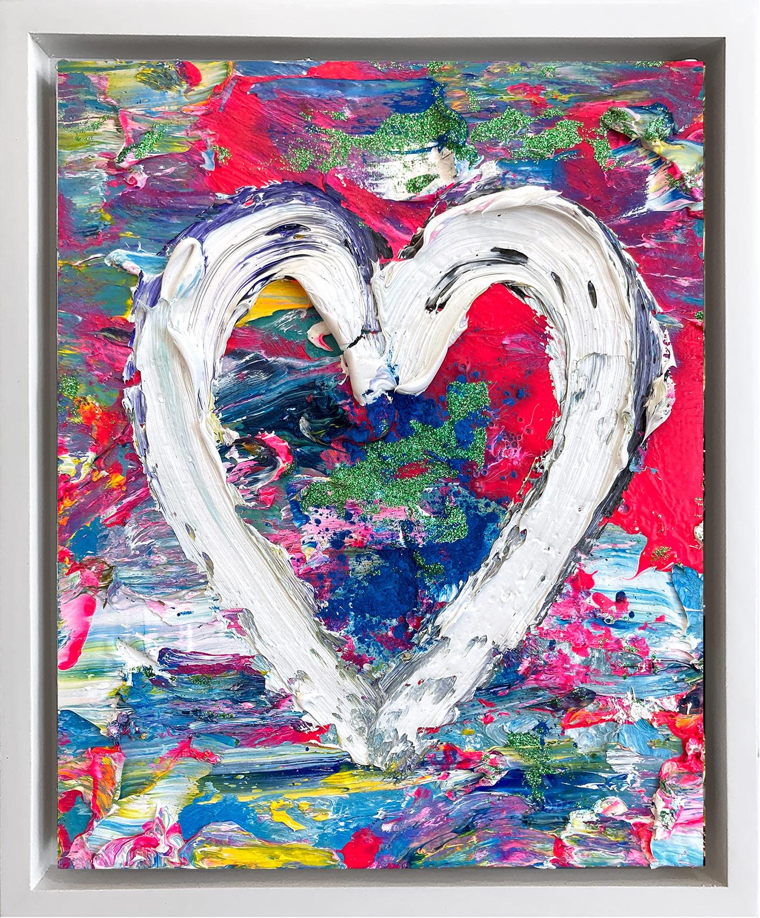 "Il mio cuore da febbre del sabato sera" Pittura a olio su legno con cornice galleggiante bianca