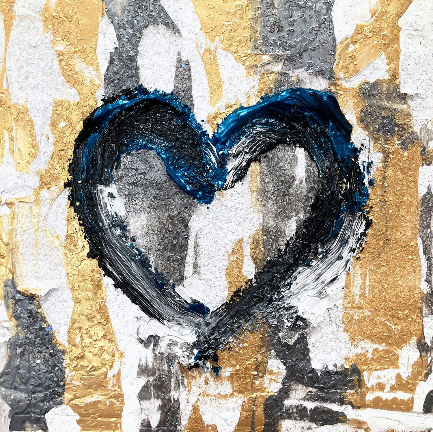 Abstraktes Ölgemälde „My Shining Heart“ aus Gold und Silber mit Floater-Rahmen – Painting von Cindy Shaoul